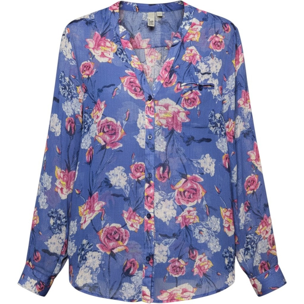 KUT from the Kloth Sheer Floral Button Up Blouse Large Blue Rose Romantic Casual